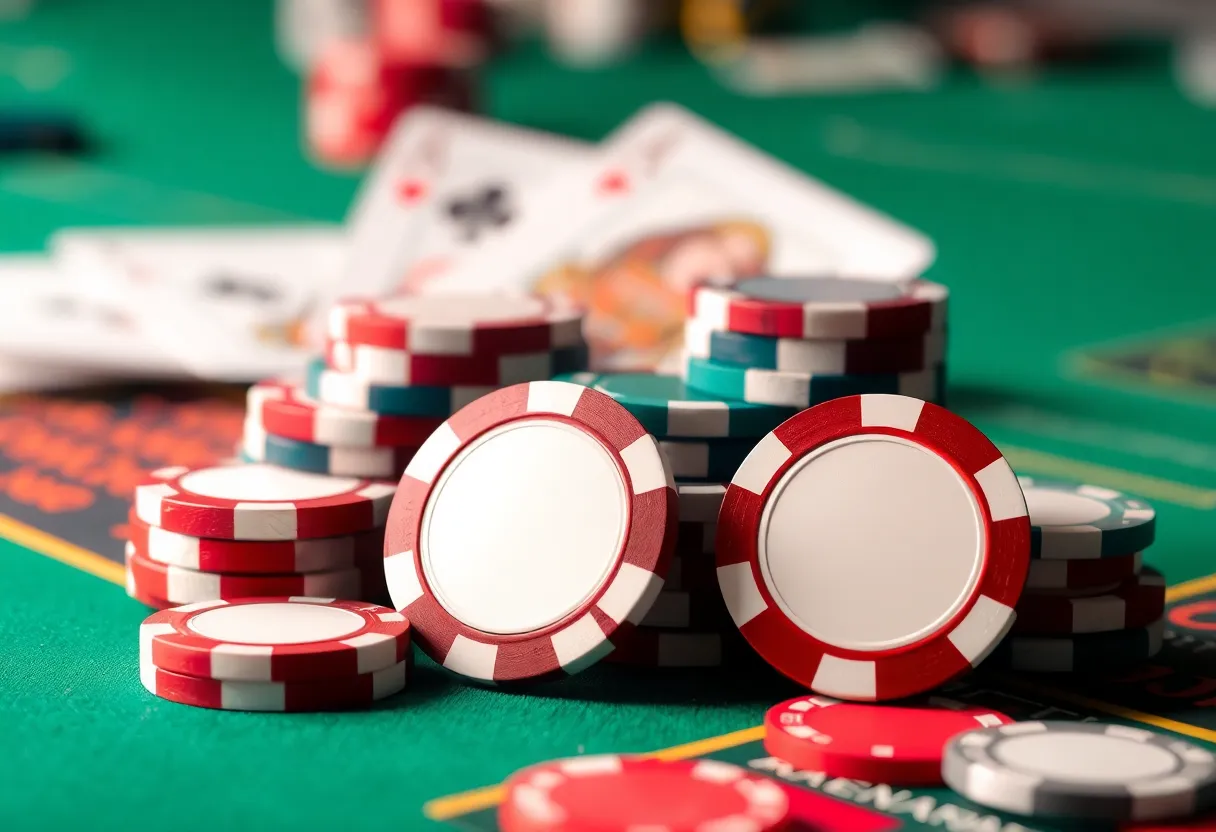 A detailed close up of high denomination casino chips resting on a luxury poker and blackjack layout with cards in motion