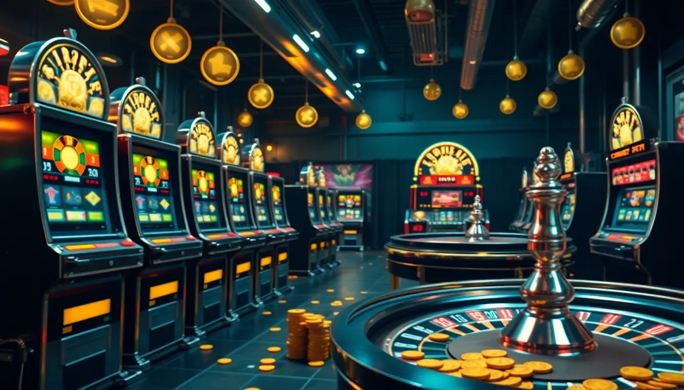 A high energy mechanical casino floor with steel slot machines, glowing reels, roulette wheel, gold coins and chips in industrial styling