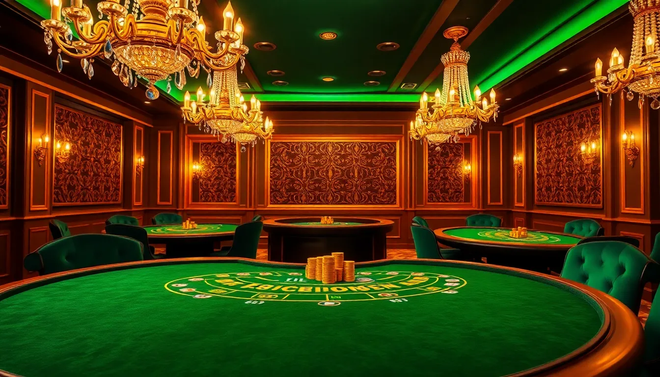 A lavish private VIP casino salon with green velvet blackjack tables, warm crystal chandeliers, golden chips, and ambient lighting