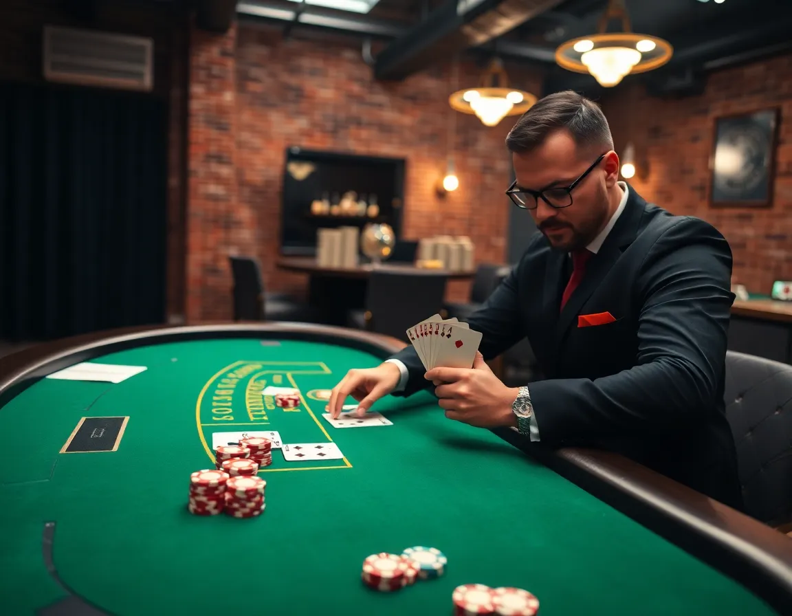 A professional live casino blackjack dealer in an industrial themed studio dealing cards on a green felt table with chips