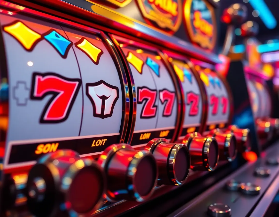 Close up shot of heavy duty mechanical video slot reels featuring glowing diamond bar symbols and hydraulic pistons
