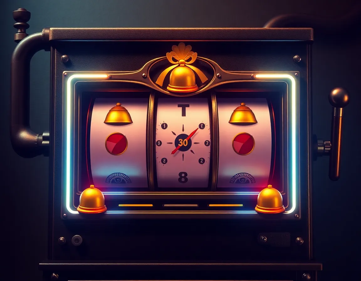 Industrial slot cabinet interface with steampunk gauges, golden bells and neon payline overlays
