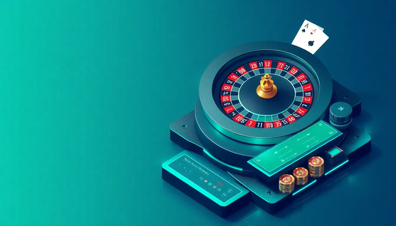 Isometric technical breakdown of high precision digital roulette physics engine and multi-deck card distributor interface with crisp emerald accents