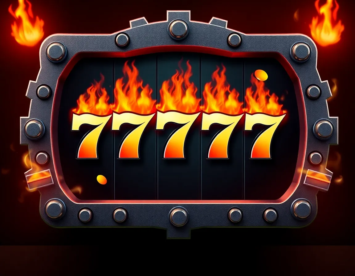 Modern online slot game interface with blazing fiery lucky sevens and heavy steel gear frame