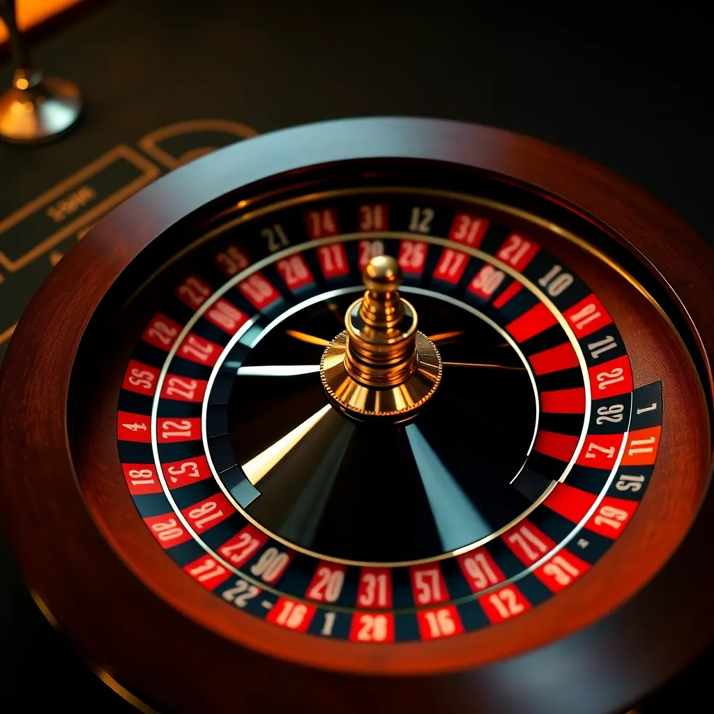 Overhead cinematic view of a casino roulette wheel spinning with ivory ball in motion and glowing brass numbers