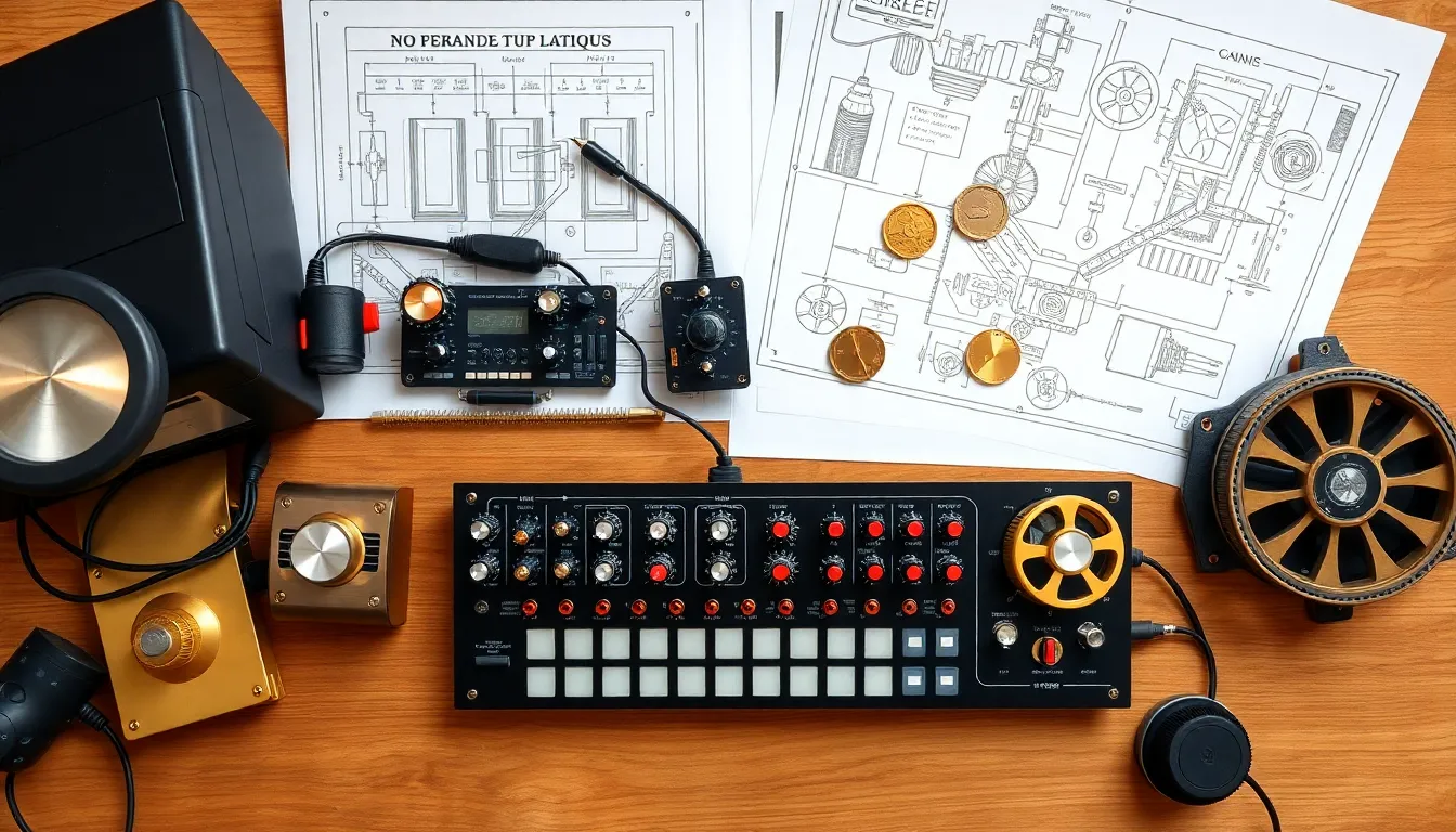 Overhead photograph of an artisanal sound and game design desk showing brass calibration tools, modular synthesizers, and mechanical reel blueprints